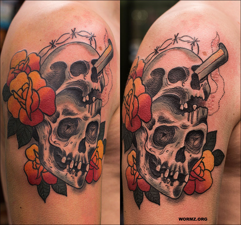 Neotraditional skull tattoo